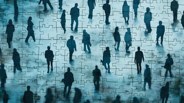 Missing employees and worker shortage or labour shortages as as employers are looking for needed workers and workforce job vacancies concept on a puzzle background. Shadowfall. Illustration