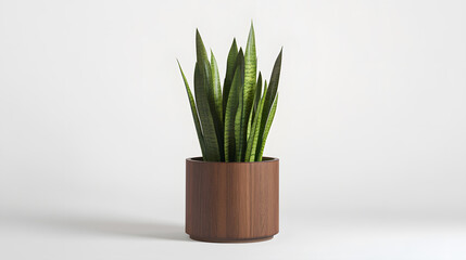 A vibrant snake plant in a sleek, dark brown wooden pot sits against a minimalist white backdrop.