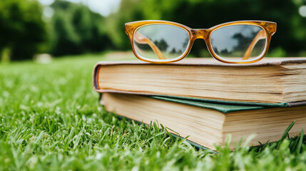 Reading in the Sun: A pair of well-worn books, resting on a lush green lawn with a pair of eyeglasses perched atop them, evoke a sense of calm and contemplation.  