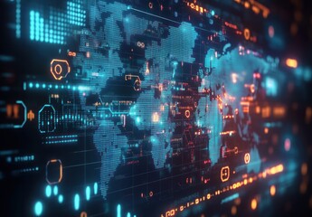 Fototapeta premium Futuristic Digital Landscape with Stylized World Map in Cyberpunk Art Style Featuring Neon Lights and Data Points