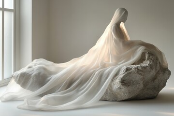 Luxury Silk Fabric Motion Display on Stone Pedestal with Nature Wind Background