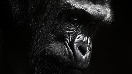 Close-up black and white photograph of a gorilla's intense gaze.