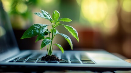 A small plant is growing out of a laptop keyboard. Generative AI