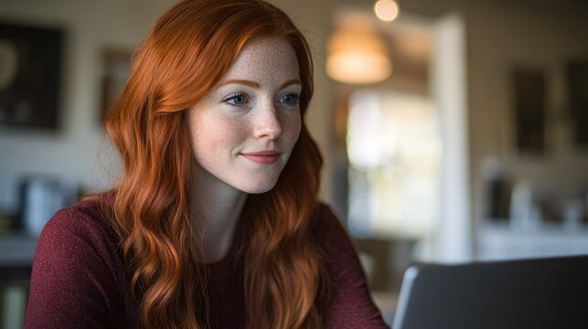 A tech-focused red-haired woman in a vibrant coworking office typing on her laptop, showcasing modern workspace vibes.