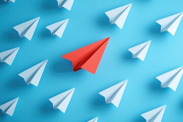 Red Paper Airplane Leading Among White Planes on Blue Background Concept of Leadership