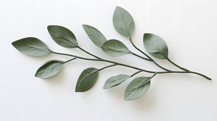 Obraz premium A sprig of artificial olive branch with multiple sage green leaves arranged on a white background. Perfect for minimalist decor or design projects.