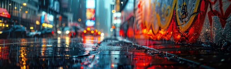 Naklejka premium Wet street with a lot of lights on it, banner