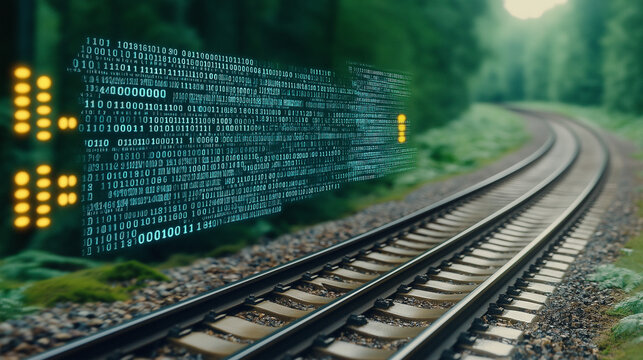 Train Tracks and Digital Overlay:  A scenic railway track curves through a lush green forest, overlaid with a futuristic digital display of binary code.