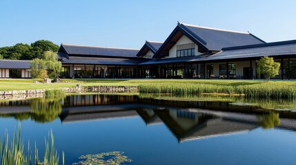 Fototapeta premium A tranquil view of Ouchi-juku village featuring its iconic Edo-period architecture and serene atmosphere under a clear blue sky.