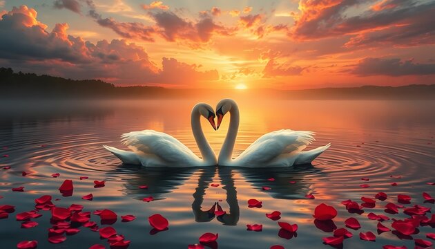 two swans in the lake make hearth shape with sunset background and rose petals around with Valentine vibe Made by Ai	