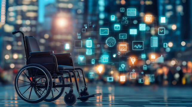 Wheelchair in Smart City: A black wheelchair sits on a city street, with a futuristic backdrop of digital icons and glowing city lights, representing accessibility and technology. - Powered by Adobe