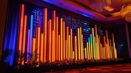 Obraz premium A wall display of financial charts illuminated by LED lights, setting the stage for a corporate celebration.