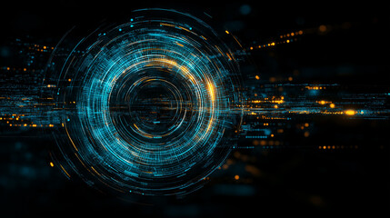 Obraz premium Digital Vortex: An abstract, otherworldly digital vortex, pulsating with ethereal blue and gold light, swirling against a dark background.