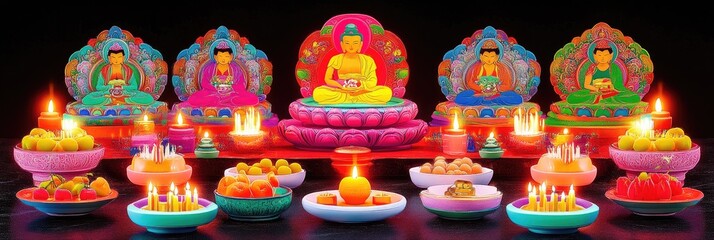 Colorful Buddhist Altar with Offerings and Candles in a Serene Setting