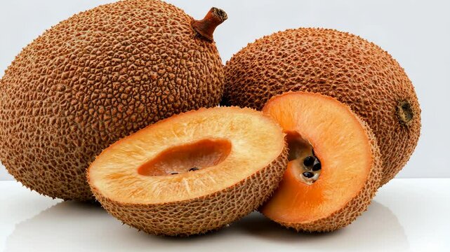 Fresh sapodilla fruits displayed with one cut open to reveal its sweet flesh and seed on a white background