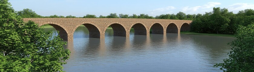 Fototapeta premium Scenic Stone Bridge Over Tranquil River with Lush Greenery Surrounded by Nature's Beauty