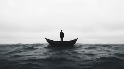 Solitary Voyage: A lone figure stands silhouetted in a small boat amidst a turbulent sea, under a brooding sky. The monochrome palette amplifies the sense of isolation and contemplation.