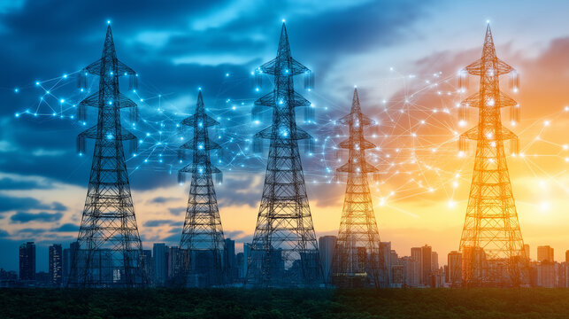 Smart Grid Sunset:  Electricity pylons stand tall against a vibrant sunset, interconnected by a network of glowing lines, symbolizing modern energy infrastructure and smart grid technology.