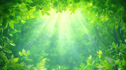 Sunbeams Through Canopy:  A vibrant, sun-drenched forest scene. Sunlight streams through lush green leaves, creating a radiant and tranquil atmosphere. The image evokes a sense of peace and serenity.