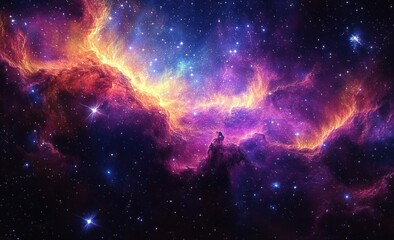 Colorful Cosmic Nebula with Swirling Clouds and Bright Star Clusters