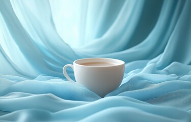 Serene Still Life White Ceramic Cup Soft Blue Fabric Minimalist Calmness Tranquility Natural Light Presentation