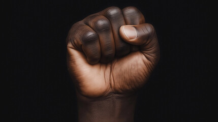 Fototapeta premium A Raised Fist: A powerful close-up shot of a dark-skinned hand clenched into a fist against a stark black background, symbolizing strength, resilience, and protest.