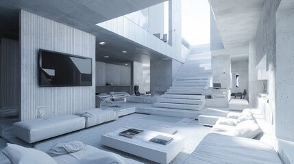 Modern minimalist living room with concrete stairs and white furniture.