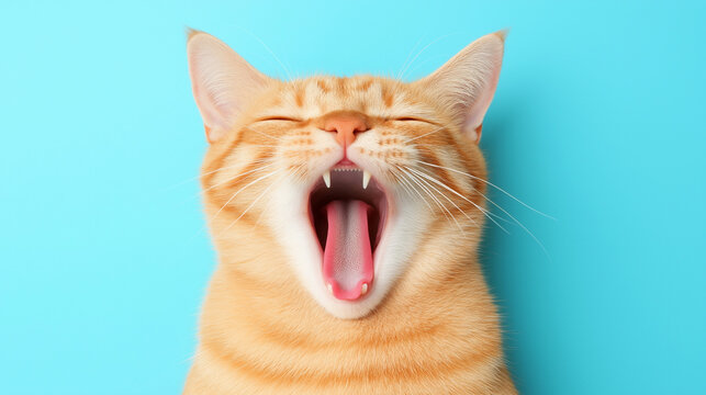 Sleepy Cat Yawning: A close-up portrait of an adorable ginger cat with bright blue eyes, yawning wide with its tongue out against a vivid blue background.