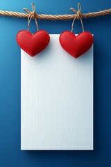 Two Red Hearts Hanging From Rope Above Blank Note