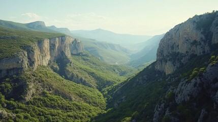 Naklejka premium The lush greenery of the Gorges du Verdon valley contrasting with the rugged rock formations under a clear blue sky.