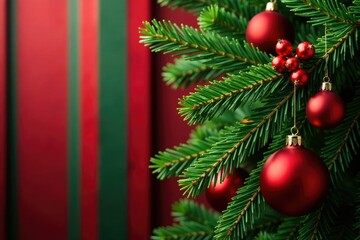 Pine branch with berries and ornaments against red and green striped background, green, festive