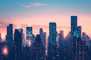 Fototapeta premium A vibrant city skyline at dusk, showcasing modern buildings illuminated by city lights.