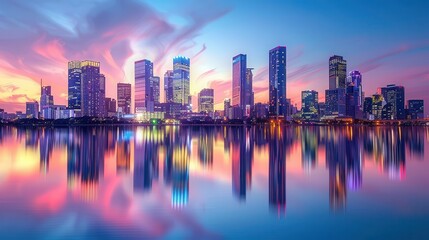 Fototapeta premium A vibrant city skyline at sunset reflected in water, showcasing modern architecture and colorful lights.