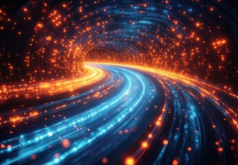 Futuristic Digital Landscape with Vibrant Light Trails and Dynamic Abstract Composition