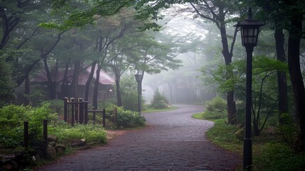 The tranquil beauty of Ouchi-juku village on a foggy morning, enhancing its historic and timeless atmosphere.