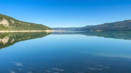 The tranquil waters of the Gorges du Verdon reflecting the surrounding cliffs and bright blue sky above.