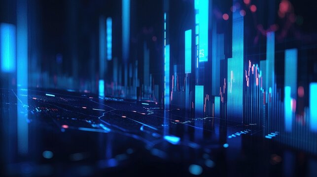 Conceptual illustration of stock market and fintech with blurry blue digital charts over a dark blue background, showcasing a futuristic financial interface and forex concepts.