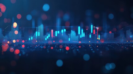 Conceptual illustration of stock market and fintech with blurry blue digital charts over a dark blue background, showcasing a futuristic financial interface and forex concepts.