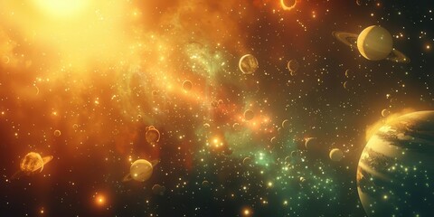 Obraz premium A vibrant cosmic scene depicting numerous planets and celestial bodies in a colorful galaxy.