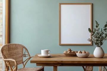 Stylish scandinavian dining room interior with mock up poster frame, wooden table, furniture, cup of coffee, plant , cement fruits, nuts and elegant accessories. Template. Modern home decor.
