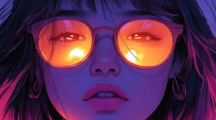 Fototapeta premium A Close-Up Image Depicting a Young Woman with Captivating Expression Wearing Reflective Orange Sunglasses Illuminating Her Facial Features