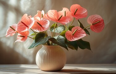 Obraz premium Minimalist Still Life with Pink Anthurium Flowers in Curved Ceramic Vase on Beige Podium with Soft Lighting and Natural Shadows