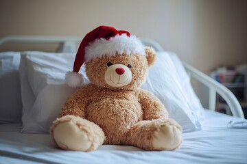 Adorable Teddy Bear in Santa Hat Rests on Bed, Soft Plush Toy for Holiday Cheer, Festive Winter Comfort.