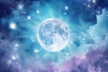 Obraz premium A vibrant depiction of a full moon surrounded by colorful cosmic clouds and stars.