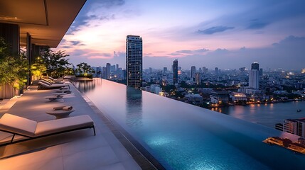 Infinity Pool with Cityscape View at Dusk