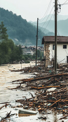 Devastating Flood Submerges Village with Turbid Waters and Floating Debris
