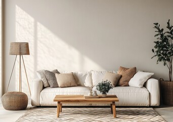 Minimalist Scandinavian Living Room with White Sofa, Wooden Table, Floor Lamp, and Textured Pillows