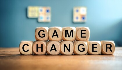 英単語のGAME CHANGERの文字が書かれた木製のキューブブロックが横に並んでいる。aiで生成