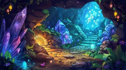 Fototapeta premium A vibrant fantasy cave with glowing crystals and a mystical pathway.