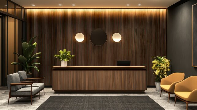 Dark contemporary waiting room interior featuring a wooden sideboard. The space exudes a modern, sophisticated vibe with its sleek design elements and muted color scheme.